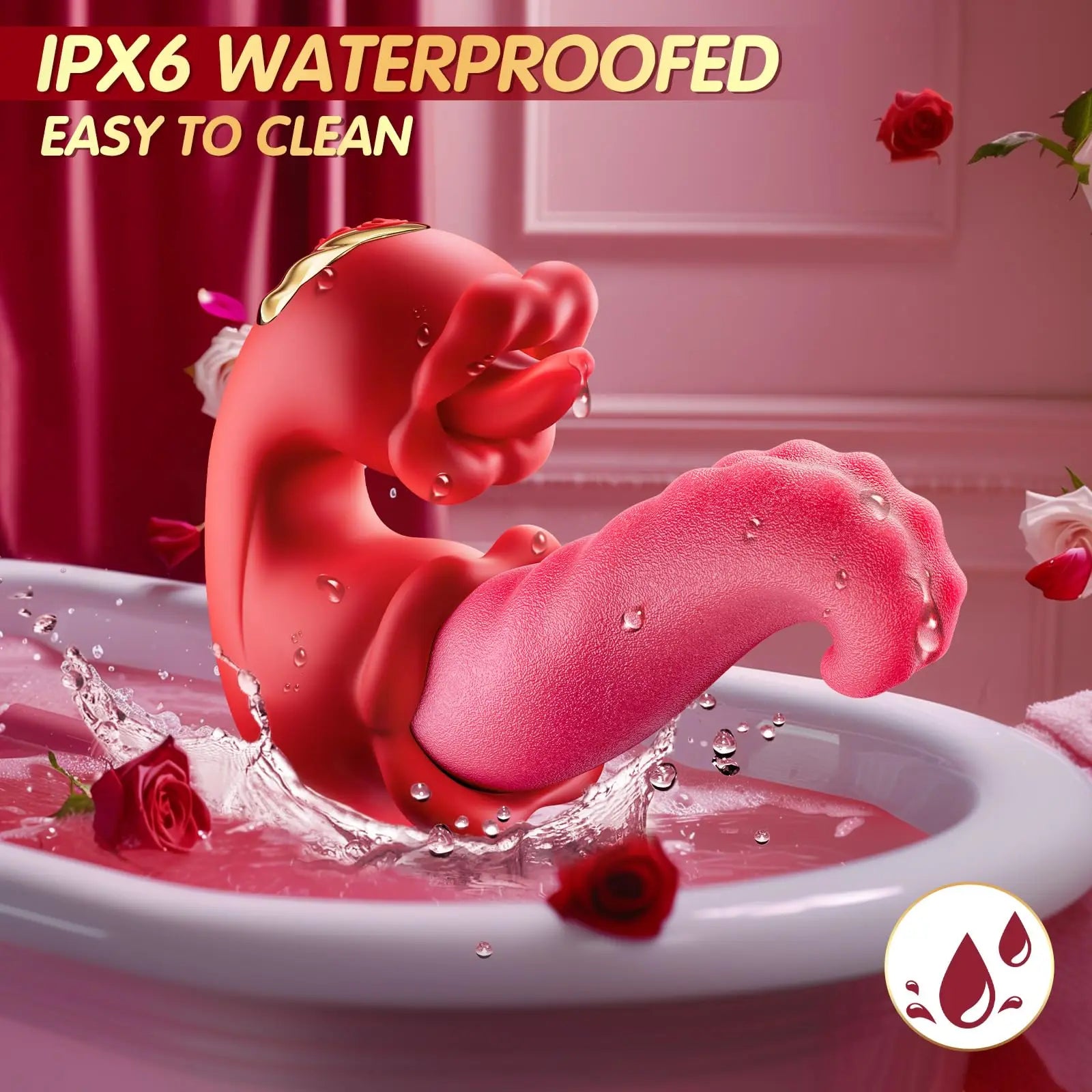 Waterproof Tongue Mode Thrusting Vibrator in water, showcasing its easy-to-clean design and rose accents.