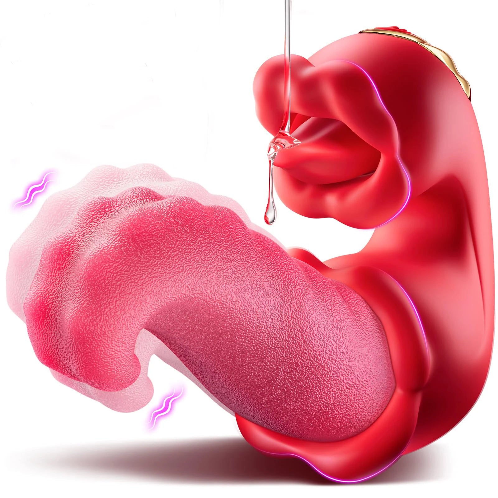 Close-up of a red Tongue Mode Thrusting Vibrator showcasing its innovative design and textured features for enhanced pleasure.