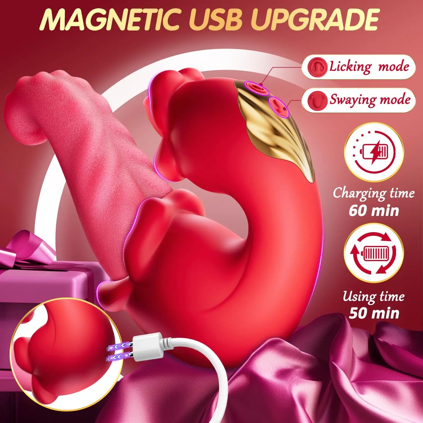 Vibrant red Tongue Mode Thrusting Vibrator showcasing magnetic USB upgrade, licking and swaying modes with charging time details.