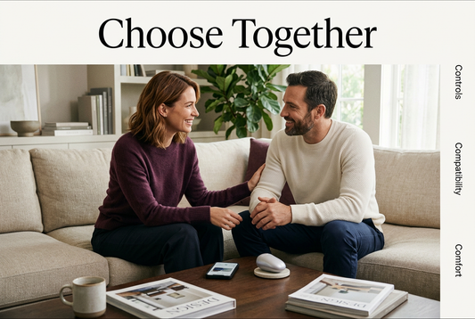 Adult couple comparing a phone and personal wellness device beside a Choose Together graphic about controls, compatibility and comfort.
