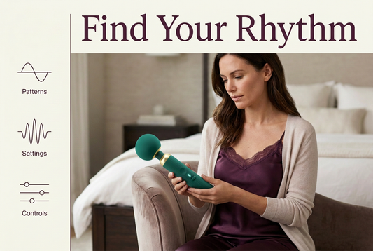 Woman holding a green-and-gold wand massager beside a Find Your Rhythm graphic about patterns, settings and controls.