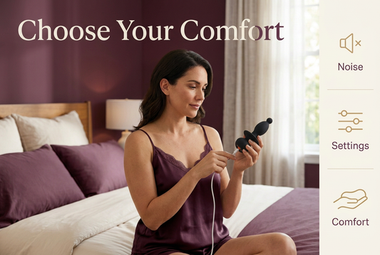 Woman holding a black personal device beside a Choose Your Comfort graphic highlighting noise, settings and comfort.