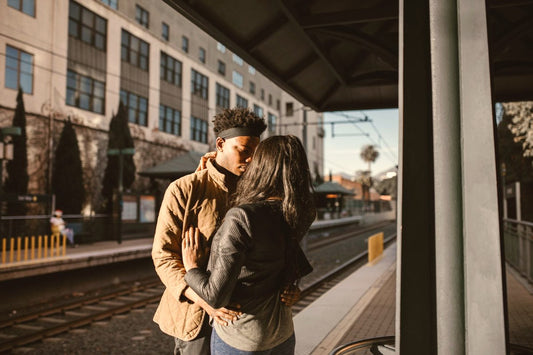 Couple reuniting at a city train station, a second chance romance story