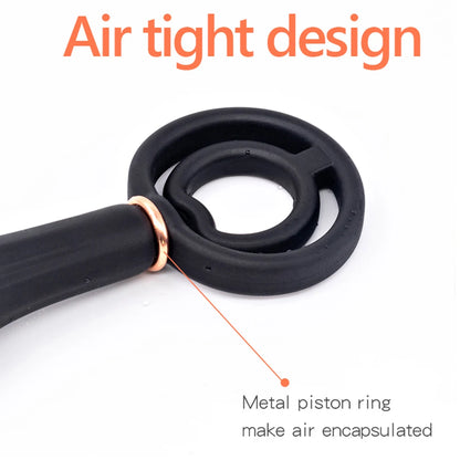 Black piston ring with text highlighting air tight design on a white background