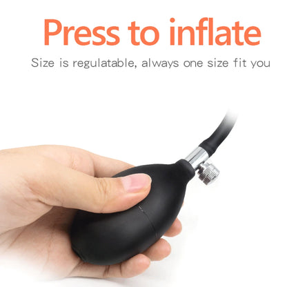 Hand holding a black inflatable device with text 'Press to inflate' on a white background